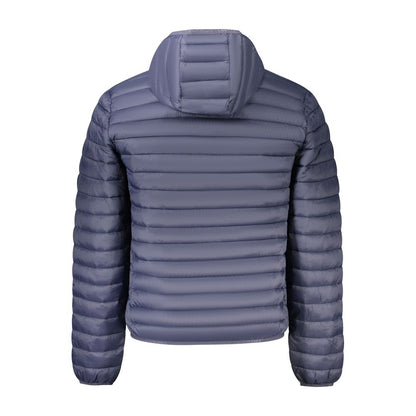 Back view of North Sails Blue Polyester Men Jacket with hood and padded design, showcasing cozy long sleeves and quilted texture.