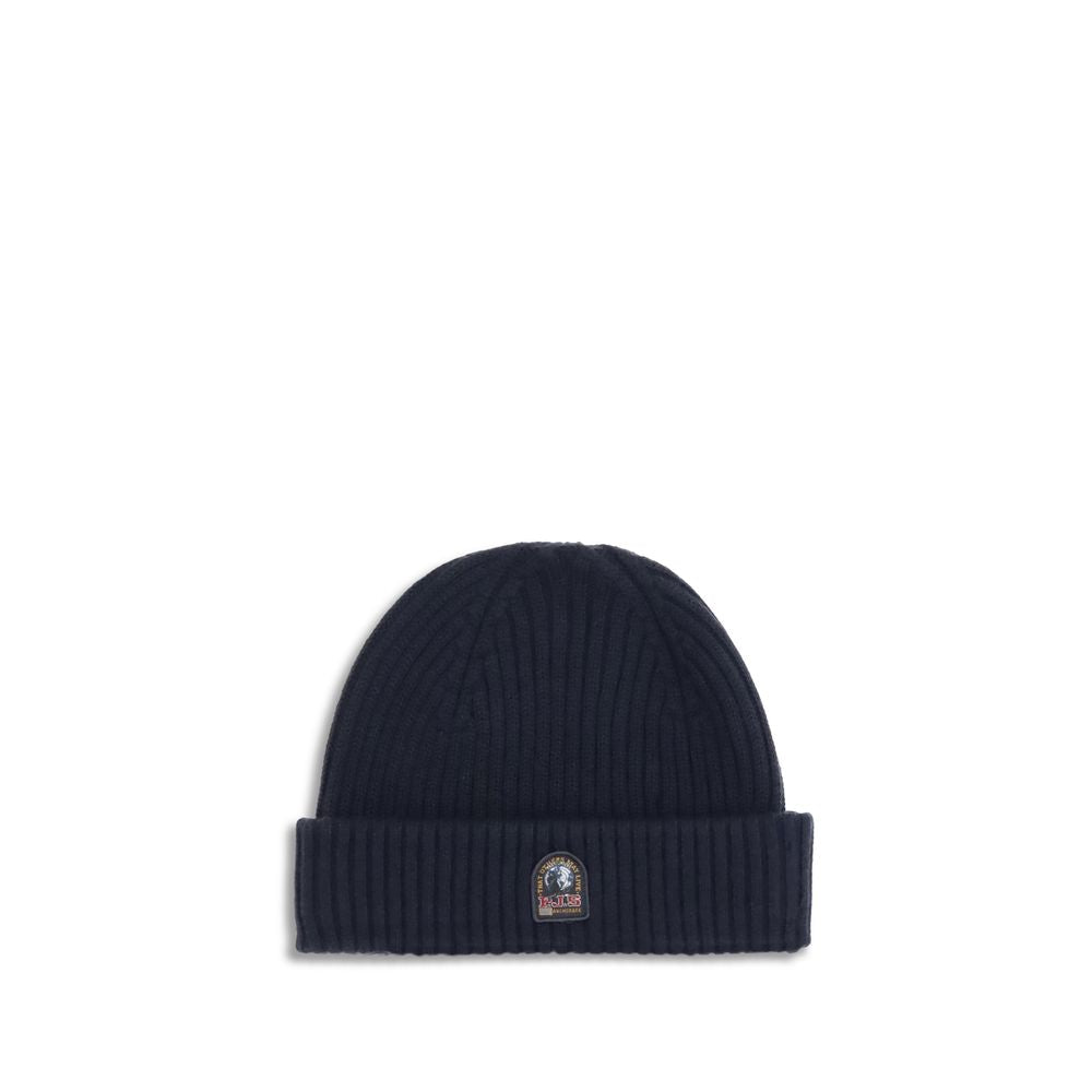 Parajumpers Ribbed Beanie Hat in navy blue with iconic Parajumpers tape, made from 70% Merino Wool and 30% Acrylic for comfort and fit.