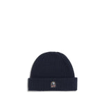 Parajumpers Ribbed Beanie Hat in navy blue with iconic Parajumpers tape, made from 70% Merino Wool and 30% Acrylic for comfort and fit.