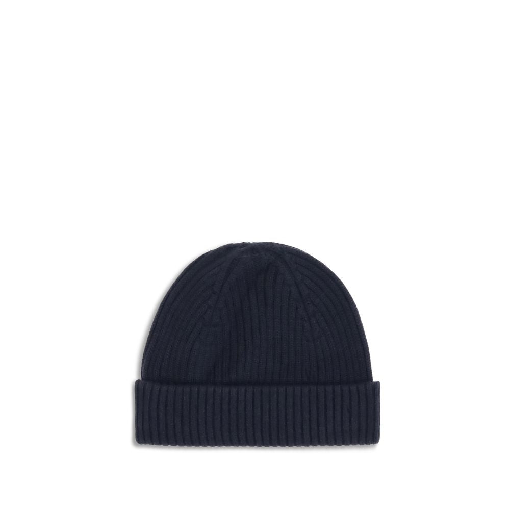Parajumpers Ribbed Beanie Hat in navy, featuring ribbed knit, iconic Parajumpers tape, 70% Merino Wool and 30% Acrylic for winter wear.