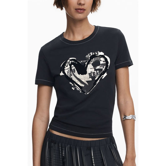 Desigual Black Cotton Women T-Shirt with heart graphic design, short-sleeve crew neck, stylish and comfortable fashion statement.