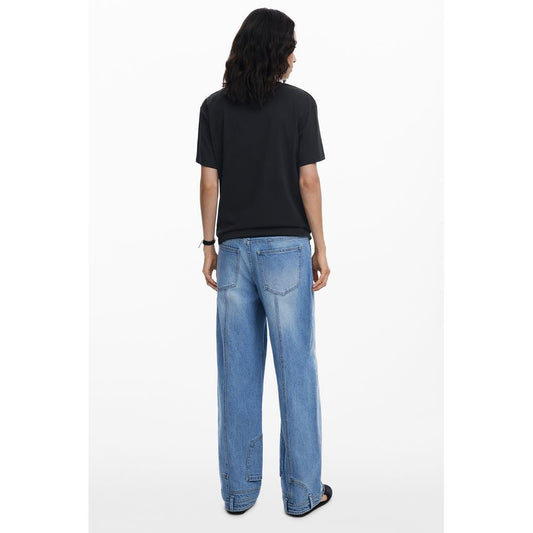 Back view of Desigual Black Cotton Women T-Shirt with relaxed fit in casual styling, showcasing chic embroidery detail and signature logo.