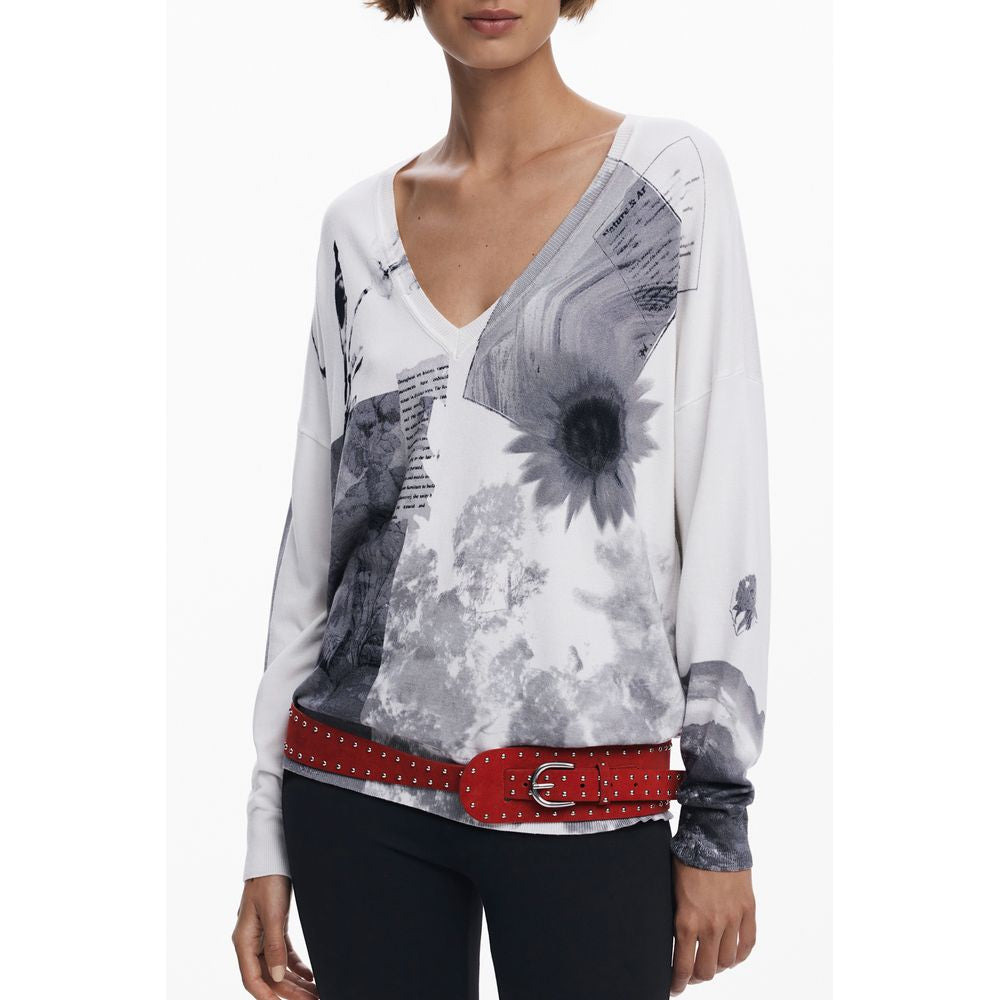 Desigual White Viscose Women Sweater with V-neck and floral patterns, worn by model, highlighting artistic design and comfort.