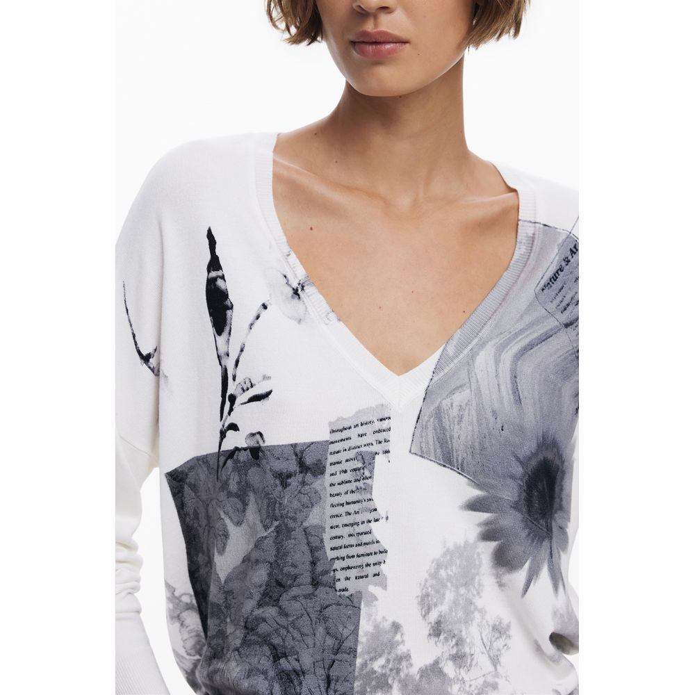 Stylish Desigual White Viscose Women Sweater with V-neck and artistic patterns