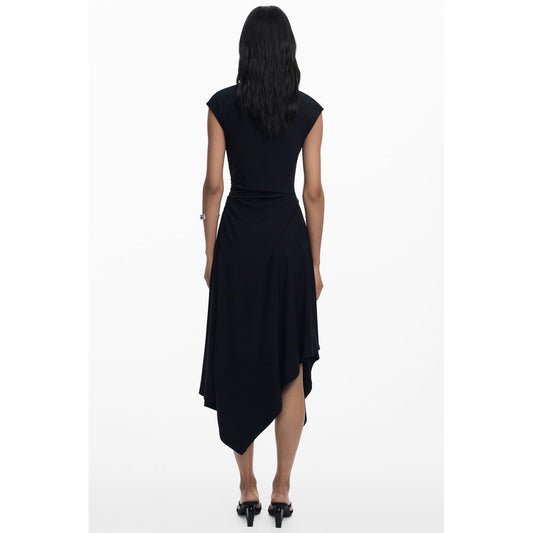 Back view of a model wearing the Desigual Black Cotton Women Dress with an asymmetrical hemline.
