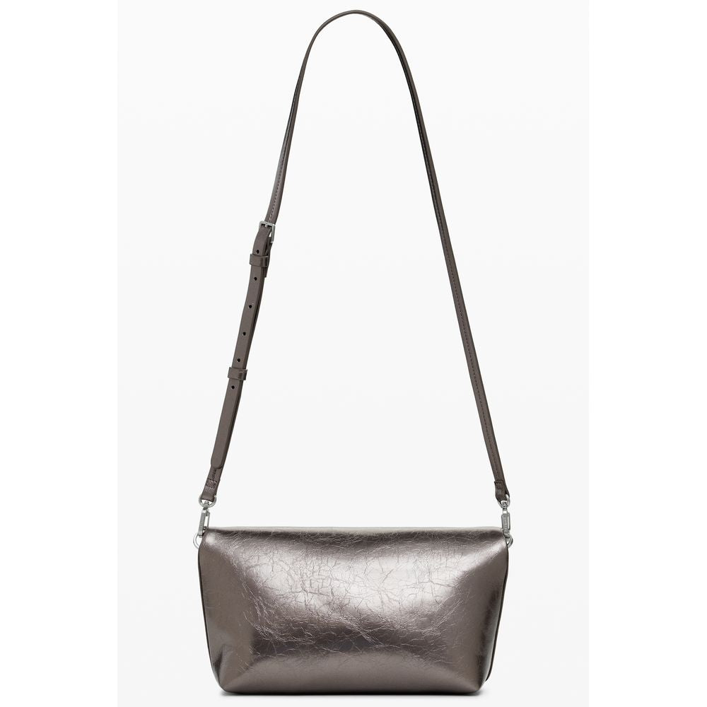 Desigual Bronze Polyethylene Women Handbag with adjustable strap and relief logo, showcasing edgy style and multi-pocket design.