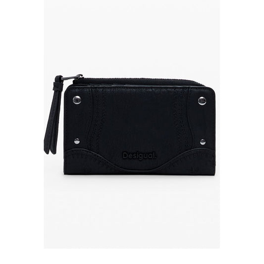 Desigual Black Polyethylene Women Wallet with embroidered patches, zip closure, and ample compartments, ideal for trendsetters.