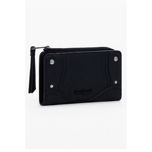 Desigual Black Polyethylene Women Wallet with embroidered patches, zip closure, and compartments for a chic and functional accessory.