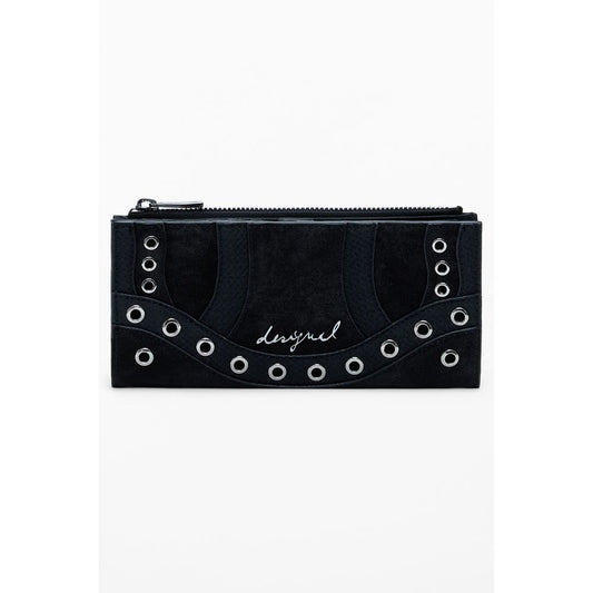 Desigual Black Polyethylene Women Wallet showcasing stylish design with zip closure and grommet accents for modern trendsetters.