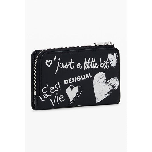 Desigual Black Polyethylene Women Wallet with artistic text and heart designs, featuring zip and snap closure for style and functionality.