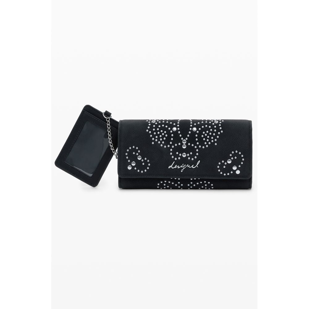 Desigual Black Polyethylene Women Wallet with studs, Desigual logo, and multiple compartments.