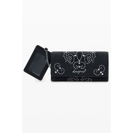 Desigual Black Polyethylene Women Wallet with studs, Desigual logo, and multiple compartments.