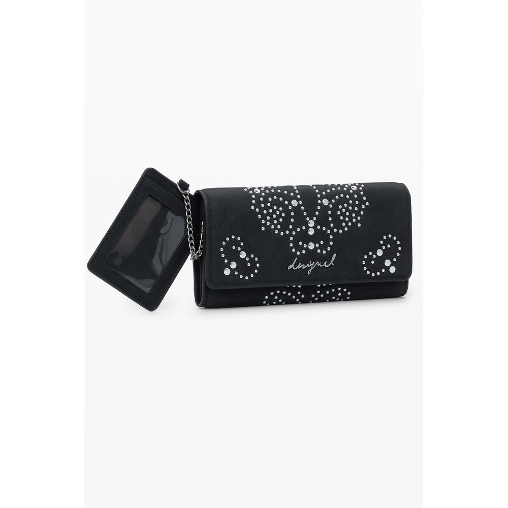 Desigual Black Polyethylene Women Wallet with studs and zip closure, featuring logo and multiple compartments for cards and coins.