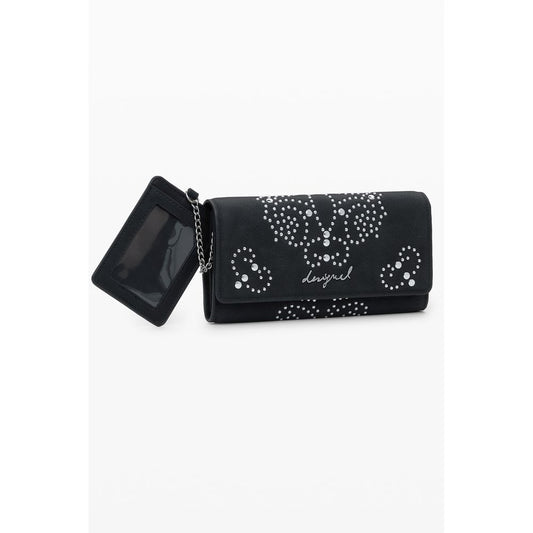 Desigual Black Polyethylene Women Wallet with studs and zip closure, featuring logo and multiple compartments for cards and coins.