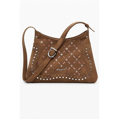 Desigual Brown Polyethylene Women Handbag with studs, adjustable strap, and zip closure, perfect for elevating your accessory collection.