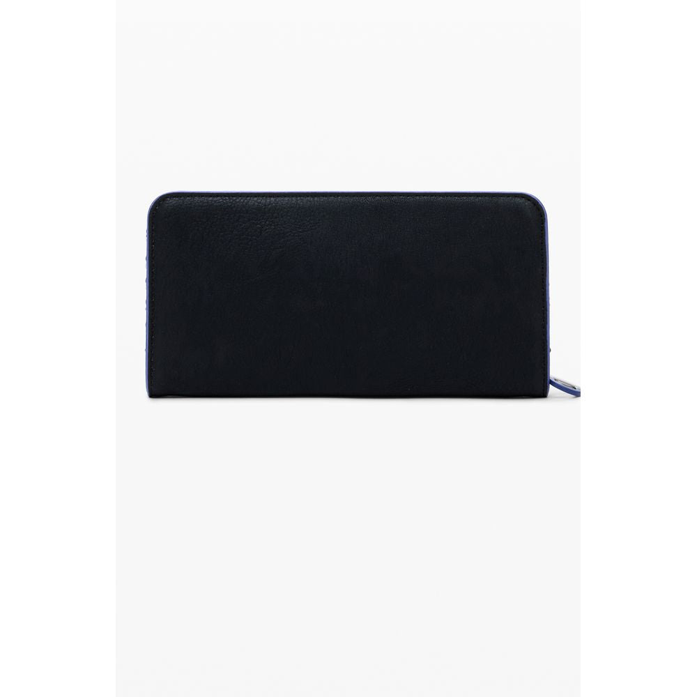 Desigual Black Polyethylene Women Wallet with zip closure, sleek design, and multiple compartments viewed from the front.