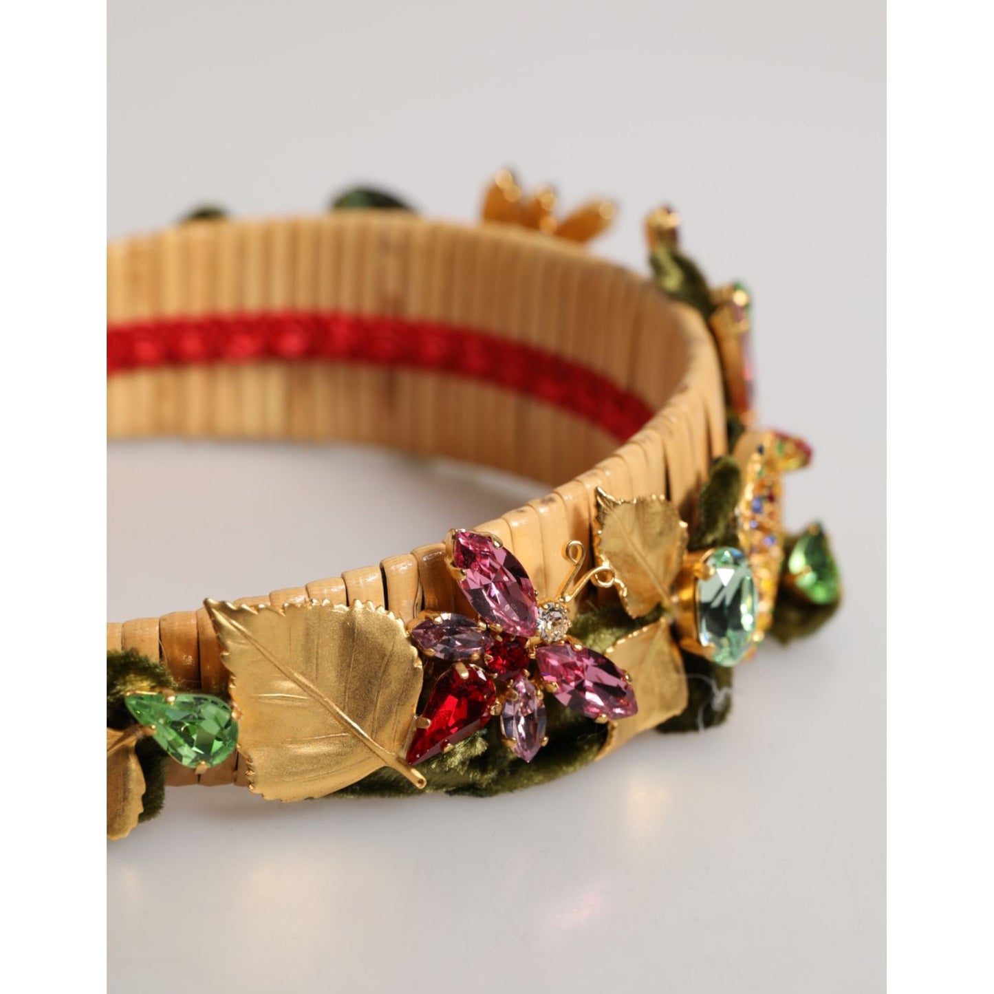 Dolce & Gabbana Multicolor Crystal Floral Gold Green Velvet Crown Headband