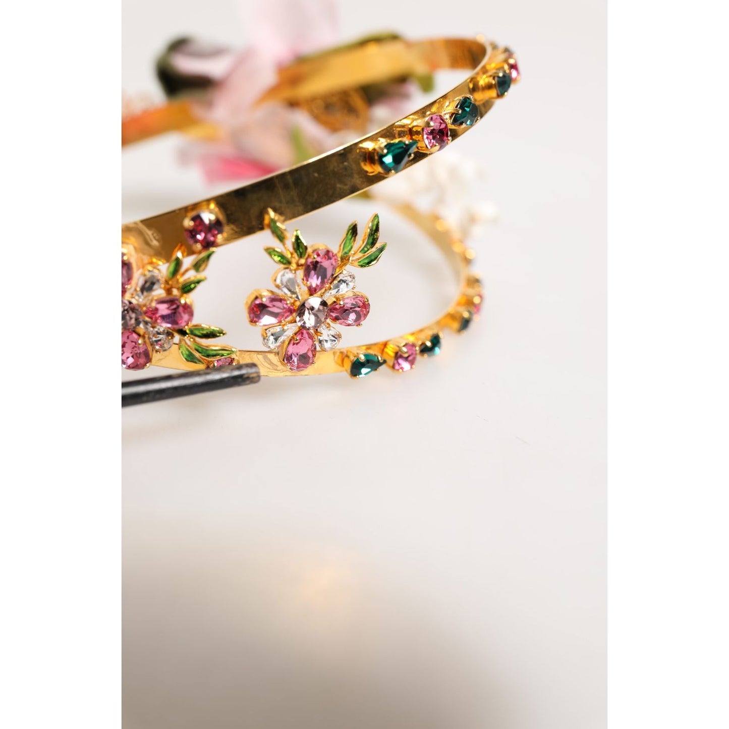 Dolce & Gabbana Gold Floral Tiara Pink Roses Crystal Crown Headband