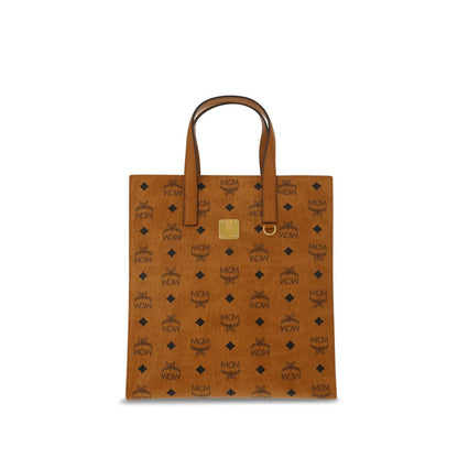 MCM Brown Polyethylene Shoulder Bag with brand monogram pattern and embossed plaque, tote design with adjustable strap.