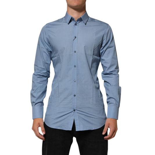 Dolce & Gabbana Blue Cotton Collared GOLD Formal Dress Shirt with long sleeves, classic design, and elegant gold accents.
