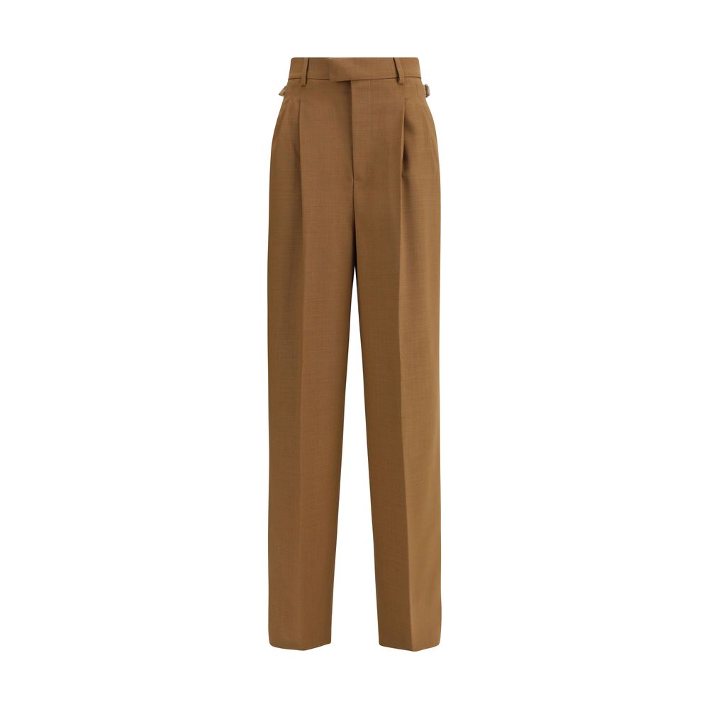 Ami Paris Brown Wool Casual Pants with high waist and metal buckle details.