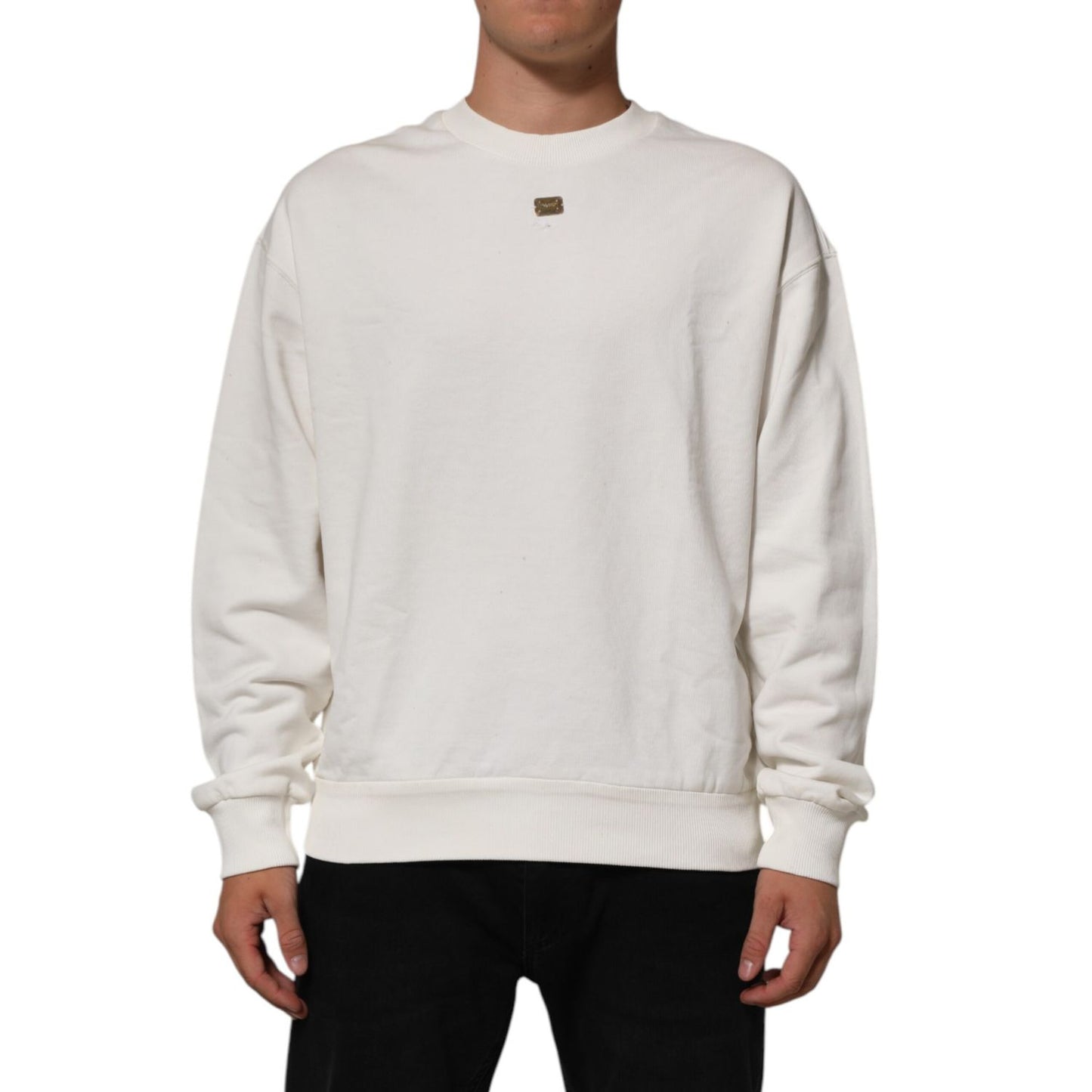 Dolce & Gabbana White DG Logo Crew Neck Sweatshirt Sweater with signature logo plaque detail and ribbed hem and cuffs.