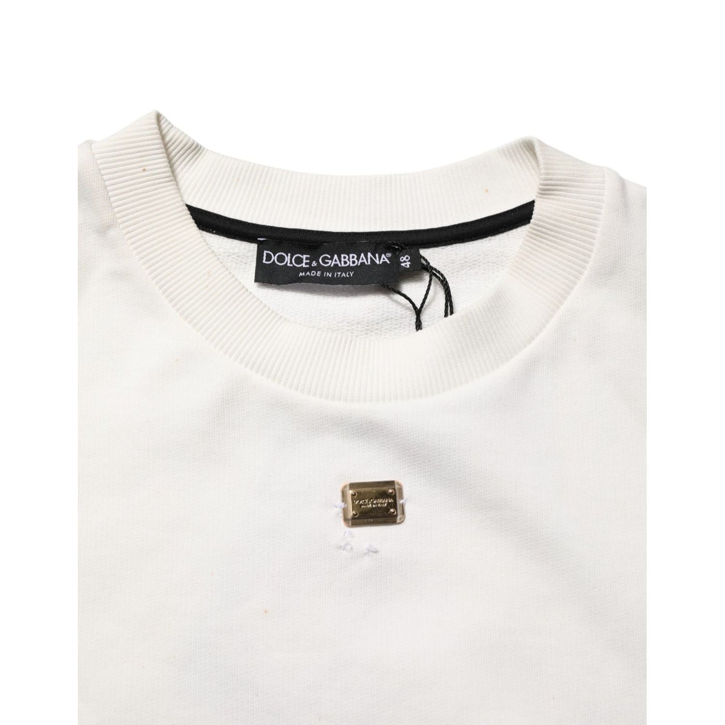 Dolce & Gabbana White DG Logo Crew Neck Sweatshirt Sweater with signature logo plaque and ribbed neckline detail, made of 100% cotton.