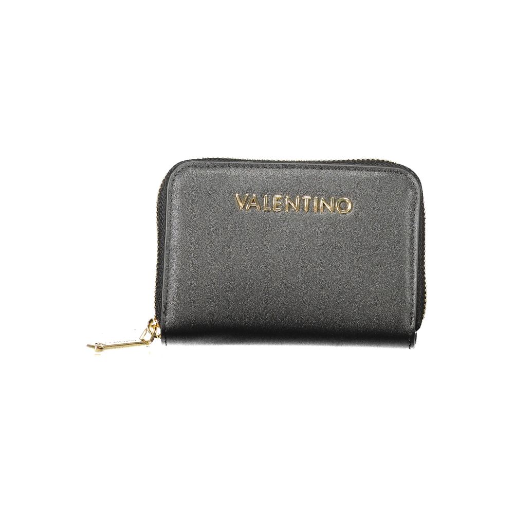 Mario Valentino Black Polyethylene Wallet with logo, six compartments, coin purse, double card spaces, and zip closure.