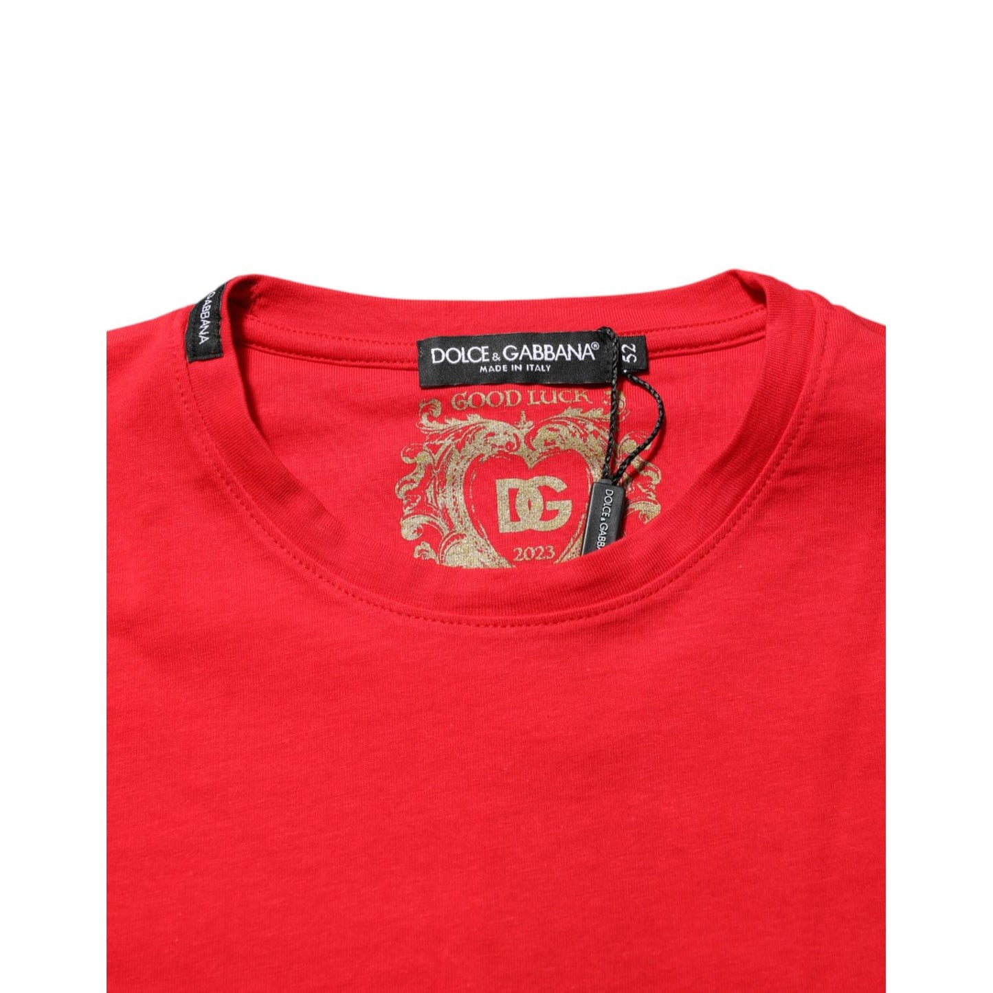 Dolce & Gabbana Red Goodluck 2023 Cotton Crew Neck T-shirt with logo and graphic print