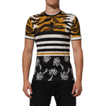 Dolce & Gabbana Multicolor Leopard Palm Leaf Men Crew Neck T-shirt displaying vibrant tropical patterns.