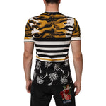 Back view of Dolce & Gabbana Multicolor Leopard Palm Leaf Men Crew Neck T-shirt with striped design.