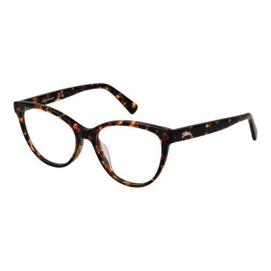Longchamp Brown Women Glasses Frame with acetate cat eye design, full-rim in brown, includes branded case, size 52-16-140.