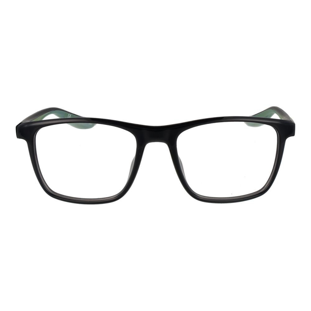 Nike Gray Unisex Glasses Frame, full-rim square style with black color, stainless steel material, plastic demo lenses, size 53-18-140.