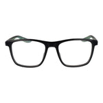 Nike Gray Unisex Glasses Frame, full-rim square style with black color, stainless steel material, plastic demo lenses, size 53-18-140.