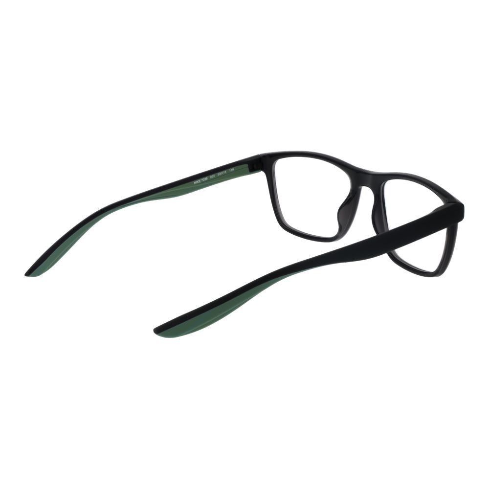 Nike Gray Unisex Glasses Frame, stainless steel full-rim black frame, plastic demo lenses, square style, temples length 140, size 53-18-140.
