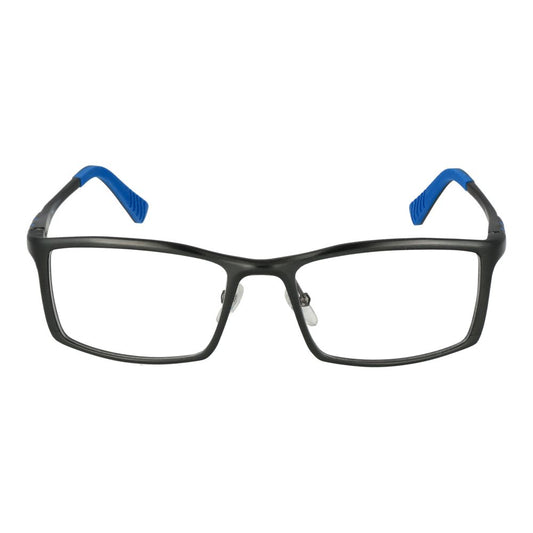 Fila Gray Men Glasses Frame in gunmetal aluminum full-rim style, rectangle shape with blue temple tips, demo plastic lenses.