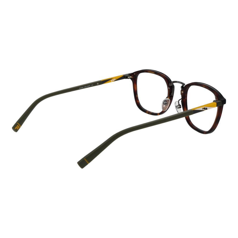Fila Brown Unisex Glasses Frame with full-rim plastic design, shown with demo lenses and panto style, temple length 140, and frame width 140.
