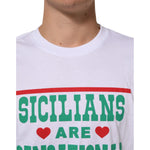 Dolce & Gabbana White Graphic Print Cotton Crew Neck T-shirt with 'Sicilians Are Sensational' slogan, close-up view.