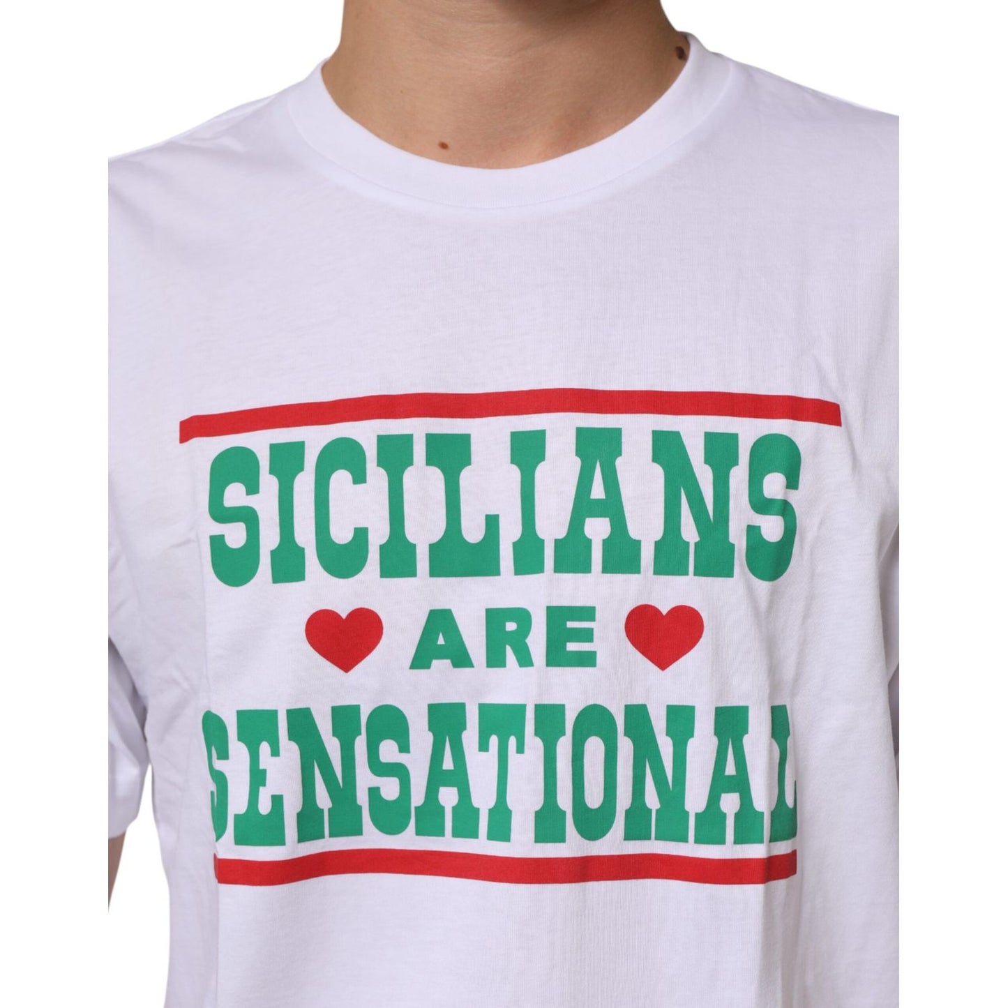 Dolce & Gabbana White Graphic Print Cotton Crew Neck T-shirt featuring 'Sicilians Are Sensational' slogan on front.
