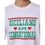 Dolce & Gabbana White Graphic Print Cotton Crew Neck T-shirt featuring 'Sicilians Are Sensational' slogan on front.