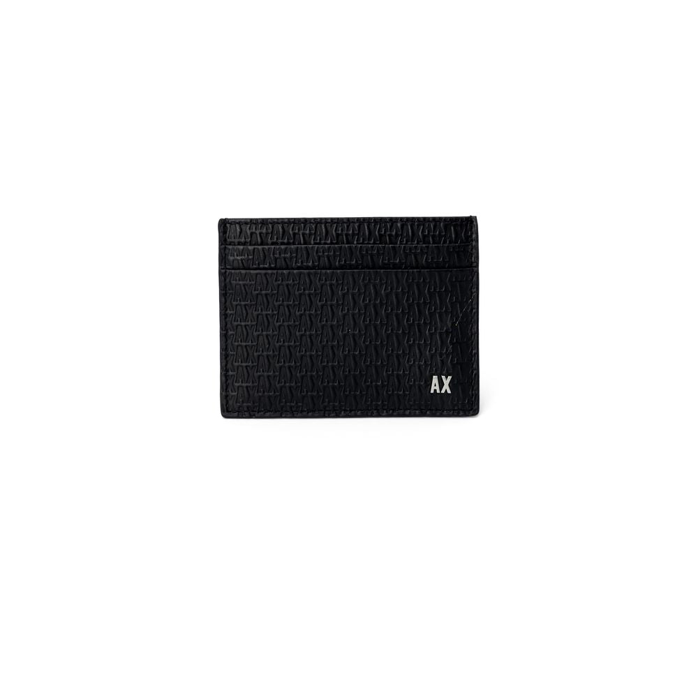 Armani Exchange Black Leather Wallet with embossed AX logo, made from 100% bovine leather, showing refined and modern texture.