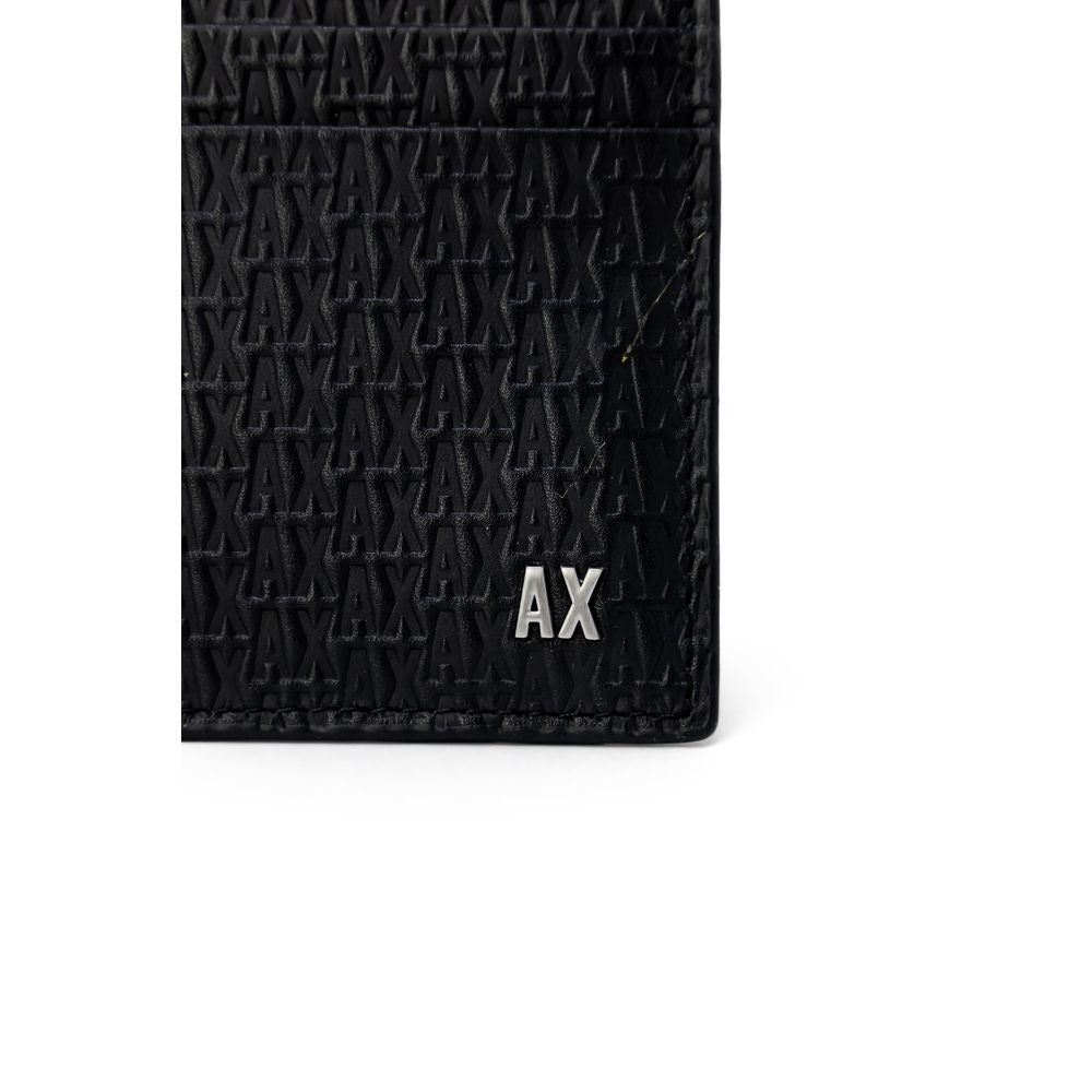 Close-up of Armani Exchange Black Leather Wallet with embossed AX logo, showcasing elegant 100% bovine leather texture and AX branding.