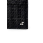 Close-up of Armani Exchange Black Leather Wallet with embossed AX logo, showcasing elegant 100% bovine leather texture and AX branding.