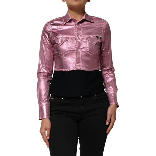 Dolce & Gabbana Pink Cotton Stretch Collared Cropped Jacket with long sleeves, ideal for chic layering and stylish outfits.