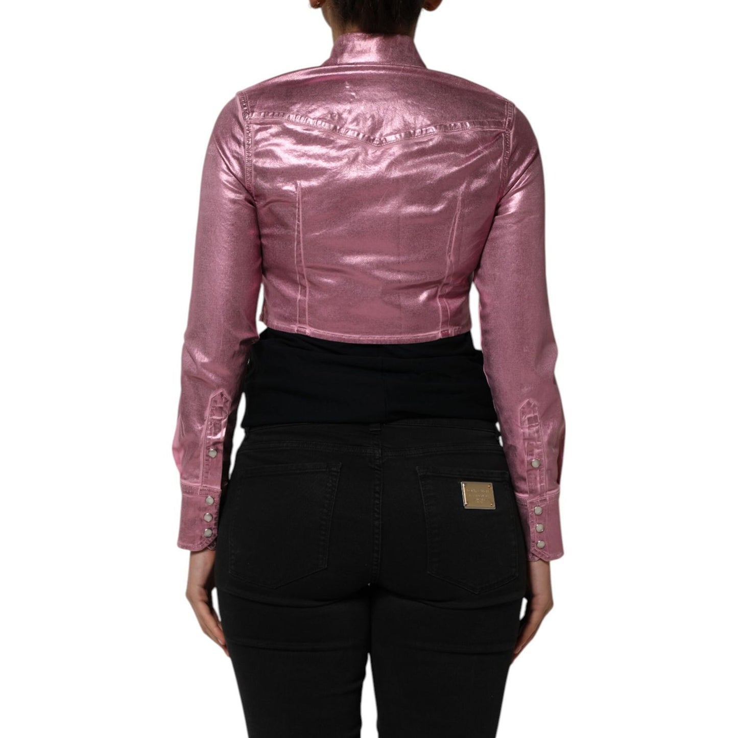 Back view of Dolce & Gabbana Pink Cotton Stretch Collared Cropped Jacket, showcasing the fitted design and structured collar.