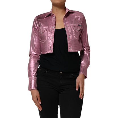 Dolce & Gabbana Pink Cotton Stretch Collared Cropped Jacket on model, featuring fitted cut and structured collar in soft pink hue.