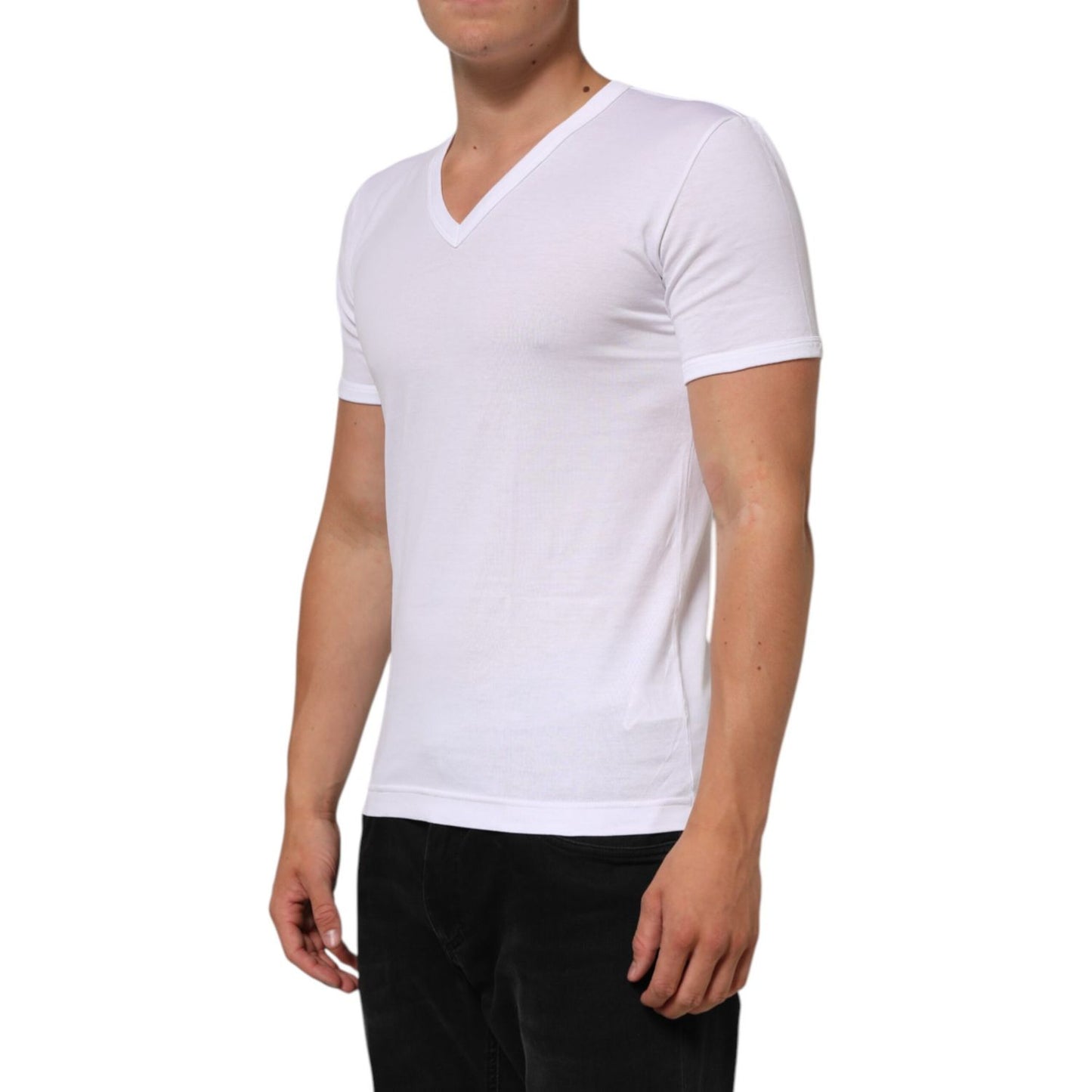Dolce & Gabbana White Cotton V-Neck Short Sleeves T-shirt on model, soft breathable fabric, versatile for casual or smart-casual wear.
