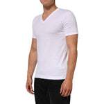Dolce & Gabbana White Cotton V-Neck Short Sleeves T-shirt on model, soft breathable fabric, versatile for casual or smart-casual wear.