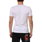Back view of a model wearing a Dolce & Gabbana White Cotton V-Neck Short Sleeves T-shirt, emphasizing its fit and design.