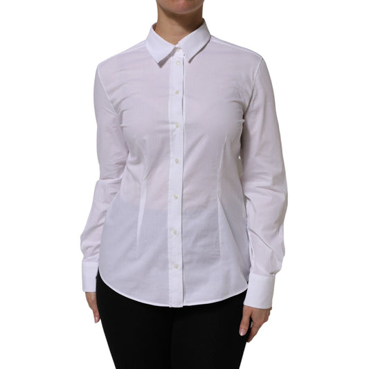 Dolce & Gabbana White Cotton Collared Dress Formal Shirt Top with long sleeves displayed on a mannequin